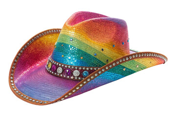 rainbow cowboy hat sparkling with glitter and jewels, isolated on transparent background - generated by ai
