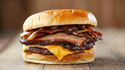 Juicy beef brisket sandwich with melted cheese and caramelized onions, served on soft bun, perfect for hearty meal