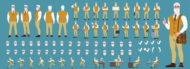 Man Character design. Front, side, back view and explainer animation poses. Character set with lip sync and facial expressions of Happy, angry, sad, Joy with Side walk cycle animation sequence sprite 