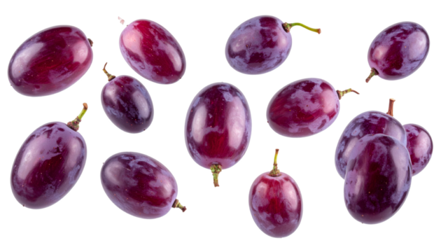 Multiple red grapes floating in the air with transparent background