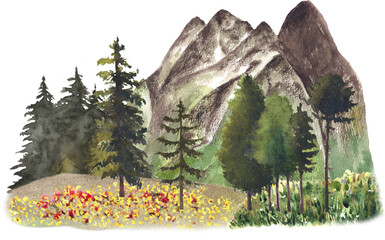 Hand Painted Watercolor Mountain Landscape with Forest and Wildflowers