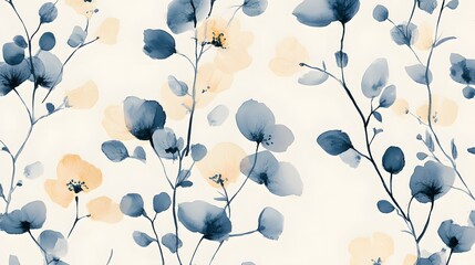 Watercolor illustration of delicate, dark blue leaves against a soft cream background, accented with pale yellow blooms.