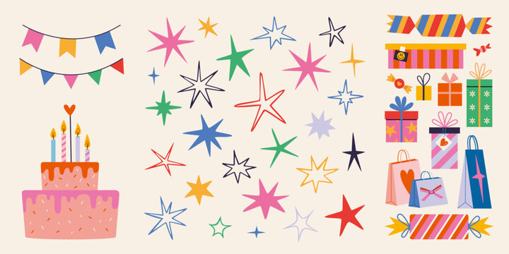 Playful holiday set with hand drawn stars, gift boxes, birthday cake with candles and flag garlands for party decor and festive designs. Trendy modern isolated vector illustration, flat design
