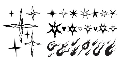 Black and white abstract tattoo style vector set with uneven stars, spiked hearts, liquid curves, flames and burning match. Minimalist retro graphics for edgy designs and alternative art