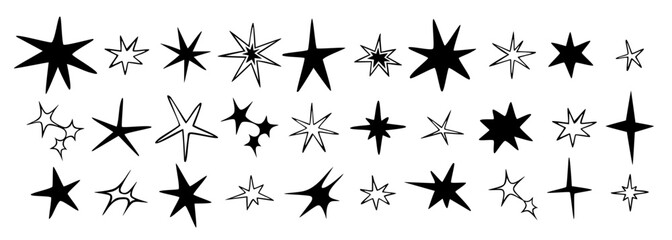 Stars, sparks and spikes, Black and white abstract scribble style set. Trendy modern vector illustration isolated on white background, hand drawn