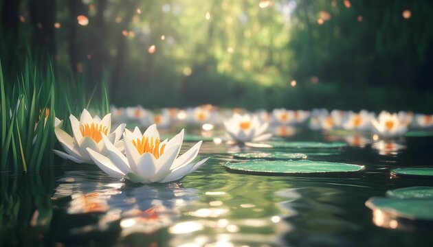 Peaceful lily pads on a tranquil pond in a sunlit forest.