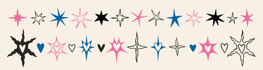 Stars, hearts and spikes, Abstract tattoo style set. Hand drawn modern vector illustration, liquid curves shapes in black, pink, and blue. Minimalist retro graphics for trendy designs
