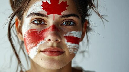 Woman with canadian flag face paint displaying patriotism and cultural pride