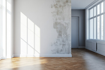 Fototapeta premium Empty room with damaged wall hardwood floor and sunlight