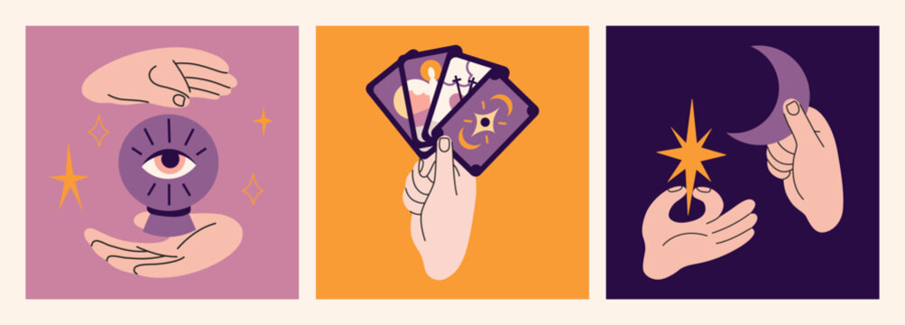 Square compositions with mystical hand gestures holding tarot cards, crystal balls, moon and stars. Whimsical flat style for magic themes and esoteric designs. Trendy modern vector illustration