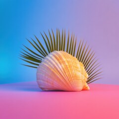 Seashell and palm leaf on stage