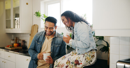 Morning, coffee and couple in kitchen with laughing, cup and mug with drink in home. Relax,...