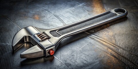 A metallic adjustable wrench rests on a dark, textured surface, showcasing its robust construction and precise engineering.