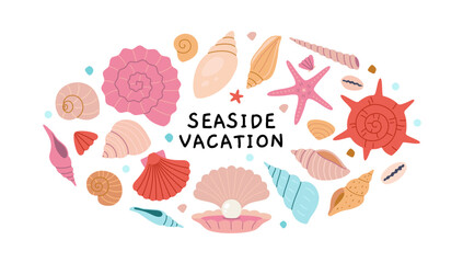 Round composition with seashell and starfish on white background, Seaside vacation.  Marine design for nautical decor and ocean inspired designs. Modern vector illustration, hand drawn, flat design