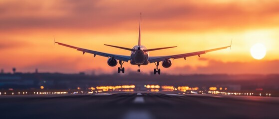 Airplane landing at dusk