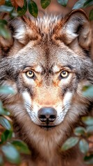 Fototapeta premium Wolf Portrait, Leaves, Nature