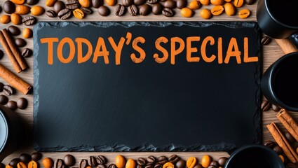 Black slate board with todays special written on it, surrounded by coffee beans and cinnamon sticks. Perfect for promoting daily specials in a cafe setting.