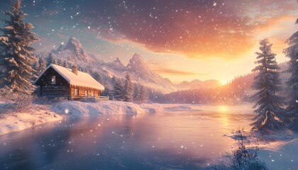 Winter wonderland cabin scene at sunrise.