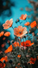 Orange blooms under bright sky, floral scene. Vertical shot