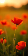 Naklejka premium Close- up of Red poppies bloom in a field, bathed in the golden light of a sunset. 