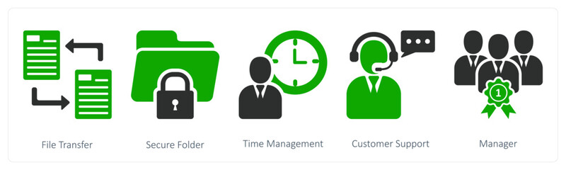 A set of 5 business icons as file transfer, secure folder, time management