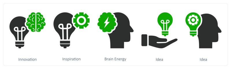 A set of 5 business icons as innovation, inspiration, brain energy