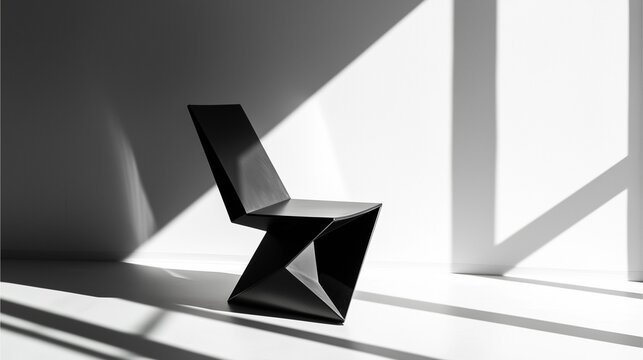 modern black geometric chair in minimalist light, abstract modern chair design, futuristic modern black geometric chair for interior