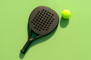 Paddle ball tennis racket with perforated surface rests on vibrant green court beside bright yellow ball, showcasing equipment for engaging outdoor sport activity