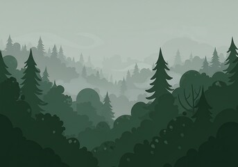 Fototapeta premium Misty Forest Landscape, Green Silhouette, Nature Background