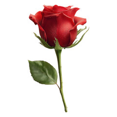 Red rose flower with green leaf and stem isolated on transparency background, romantic and elegant symbol of love and beauty