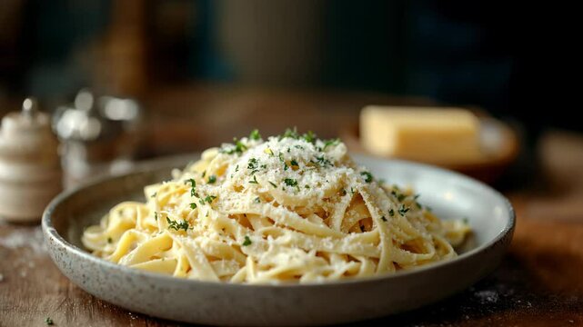 Close-up of creamy pasta fettuccine being sprinkled with parmesan cheese and parsley, rustic Italian comfort food on wooden table &ndash; Generative AI