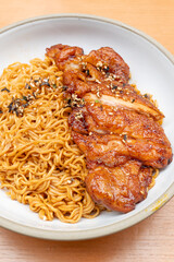top view teriyaki chicken with Lo Mein or noodles at vertical composition
