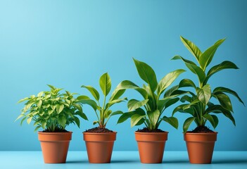 Fototapeta premium Energy efficiency conservation optimization concept. Growing plants in pots against a blue background