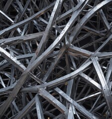 Interwoven metallic structures, sharp angles, seamless surface, intersecting planes, intersection