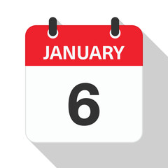 January 6 Daily Calendar. Red Theme on White Background