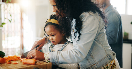 Home, mother and child with vegetables for cutting, cooking and bonding together with learning...