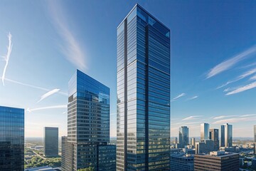 Obraz premium Striking High-Rise Offices: Contemporary Corporate Landscape in Urban Architecture with Expansive Blue Skies