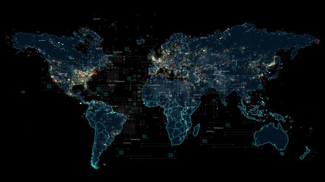 Illuminated World Map Showing Global City Lights at Night with Details