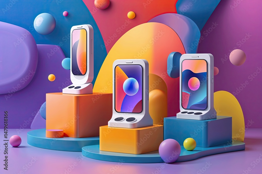 Poster three-dimensional tech devices displayed on abstract multi-colored background