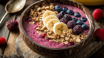 Fototapeta premium A coconut smoothie bowl with banana, berries, and granola on top