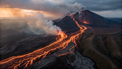 Volcano Eruption: Rivers of Lava Flowing Down the Valley