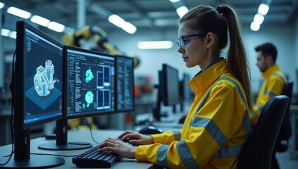 At the Factory: Female Mechanical Engineer Designs 3D Engine on Her Personal Computer, Male Automation Engineer Uses Computer for Programming Robotic Arm