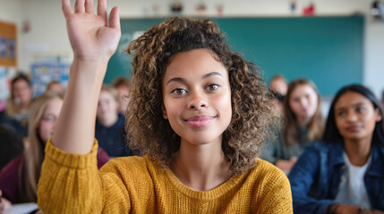 Confident african female teen participates in classroom discussion