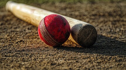 A cricket bat and red ball on a dusty pitch
