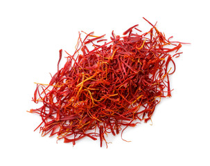 Fototapeta premium Heap of dried saffron spice close-up on a white. Top view