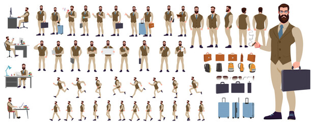 Man Character design. Front, side, back view and explainer animation poses. Character set with lip sync and facial expressions of Happy, angry, sad, Joy with Side walk cycle animation sequence sprite 