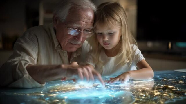 Grandfather and Granddaughter Explore Interactive Map on a Futuristic Touch Table in Their Home