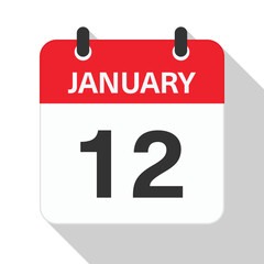 January 12 Daily Calendar. Red Theme on White Background