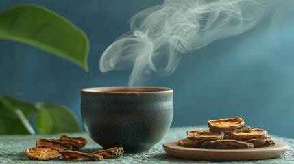 A dried bael fruit tea setup with a steaming cup and dried slices arranged beside it