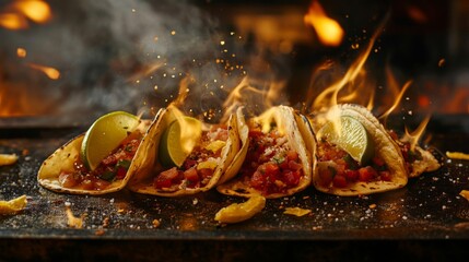 Flaming Tacos with Salsa and Lime on Dark Background